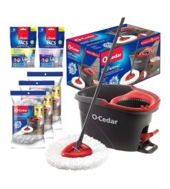 O-Cedar EasyWring Microfiber Spin Mop & Bucket Floor Cleaning System + 4 Extra Refills, Red/Gray