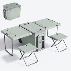 MULTI FUNCTION ROLLING COOLER, WARM WITH WHEELS TABLE AND 2 CHAIRS FOR PICNIC CAMPING OUTDOOR, FOLDABLE UPGRADED STOOL